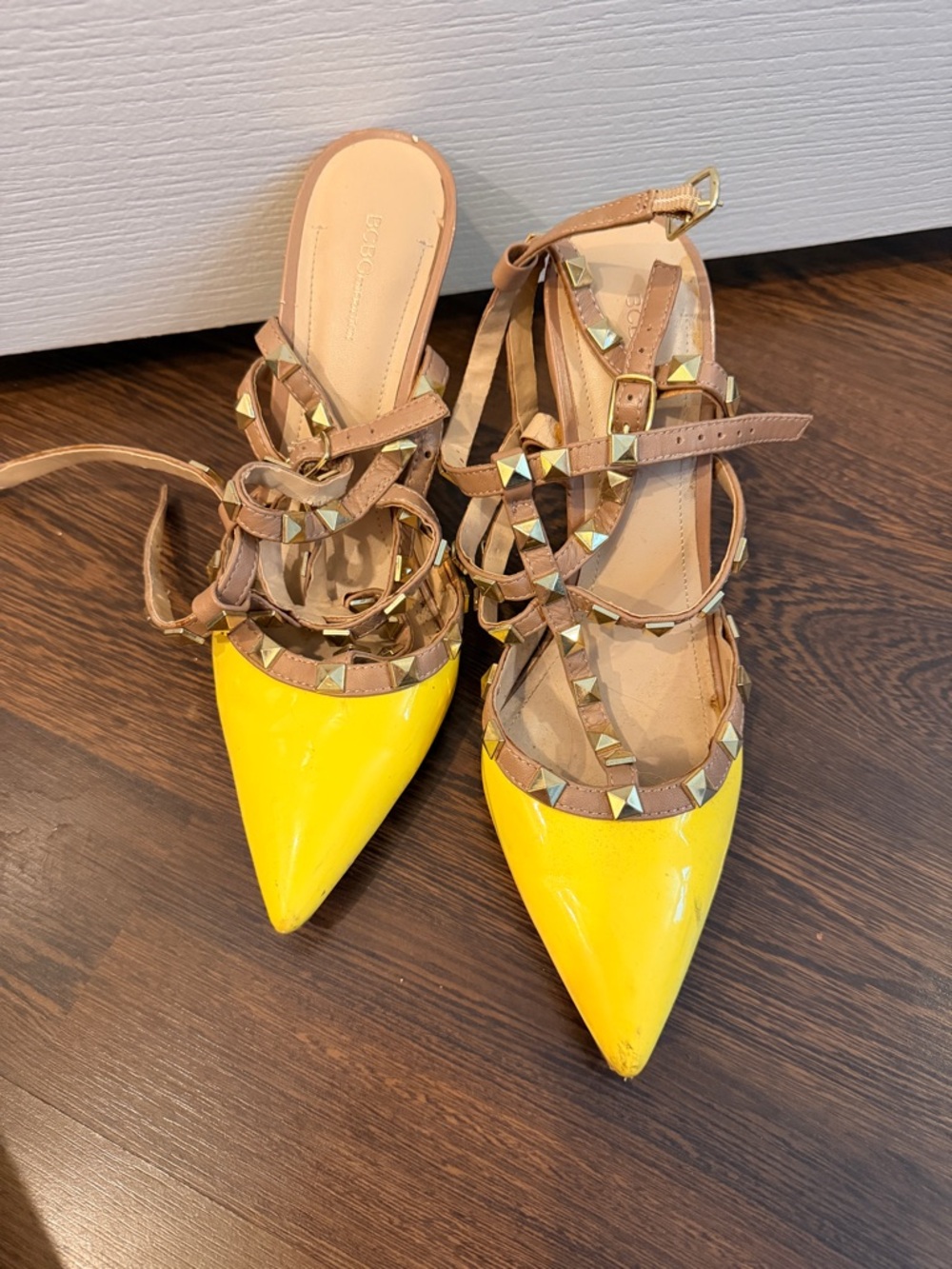 BCBGeneration Yellow Patent Pointed-Toe Studded Strappy Heels